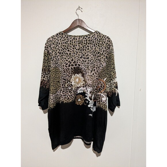Ulla Popken Cotton Top 28 /30 Notch Neck Beaded Emb Leopard 3/4 Sleeve B64 - Picture 2 of 5